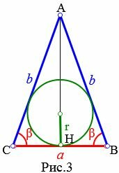 Найти высоту равнобедренного треугольника через радиус вписанной окружности